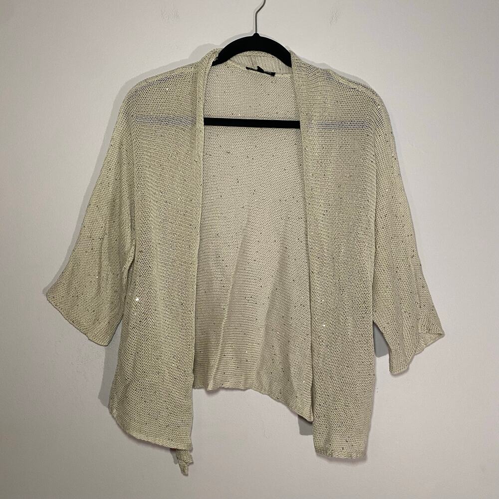 Eileen Fisher Gray Silver Sequin Knit Cardigan Sweater Layering 3/4 Sleeve Small